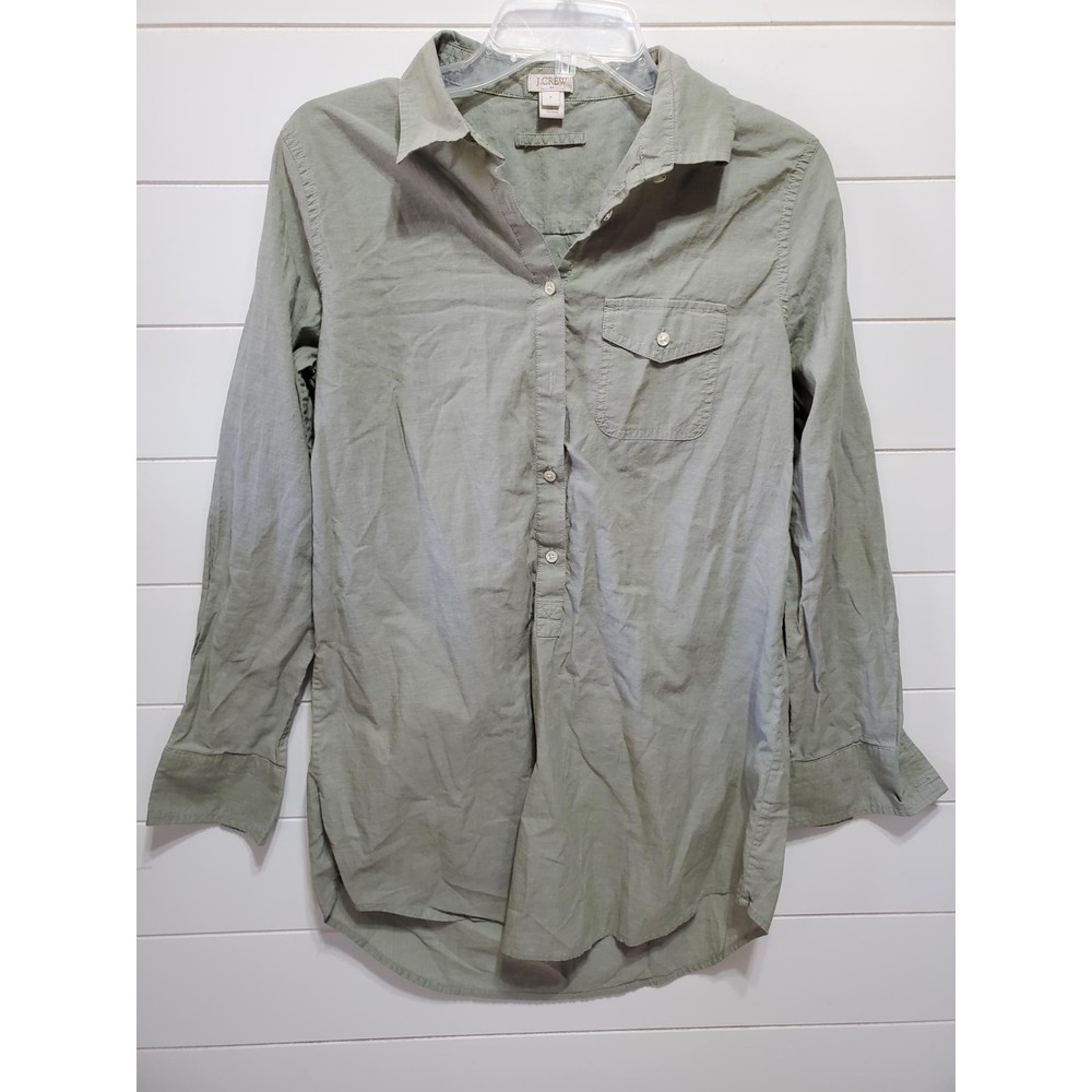 J Crew women size S tabbed sleeves henley tunic blouse light green cotton pocket